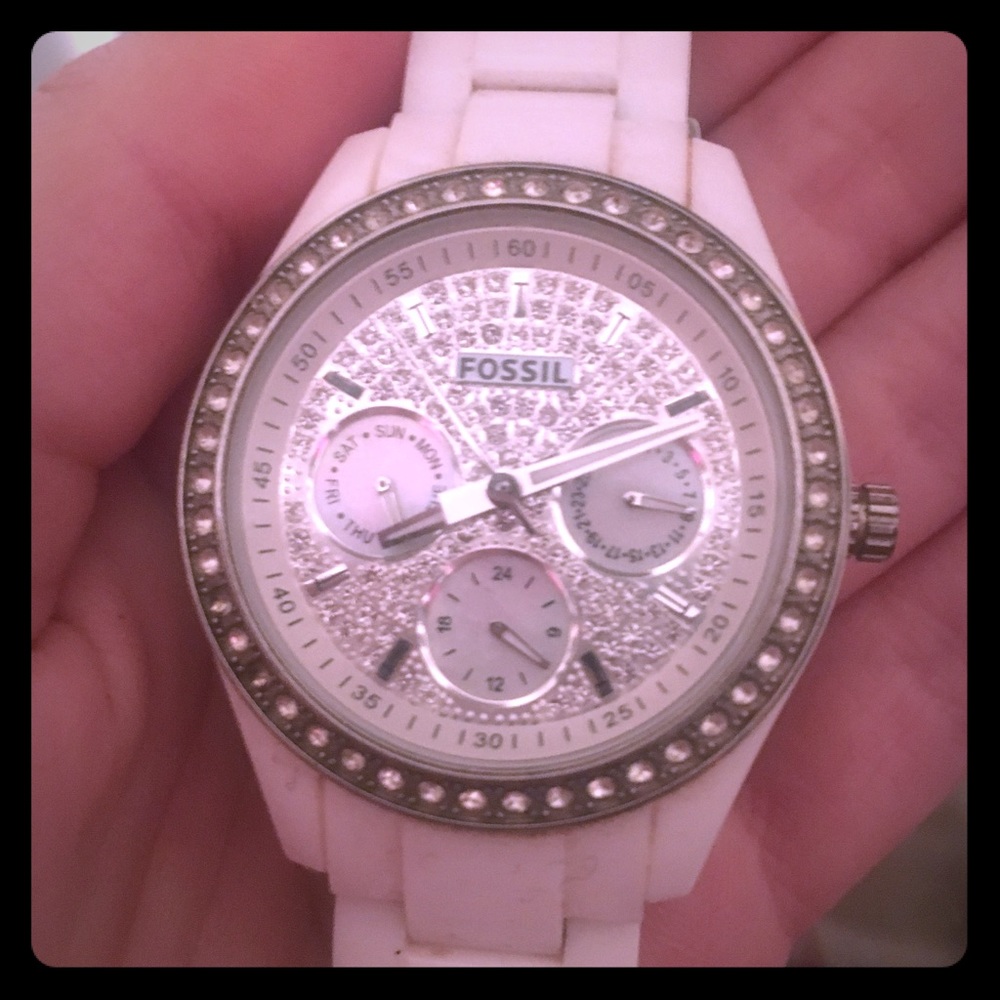 Reduced! White Rhinestone Fossil Watch